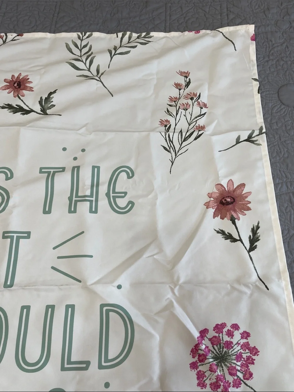 Forever 21 cream tapestry with Pink Floral and Green Lettering